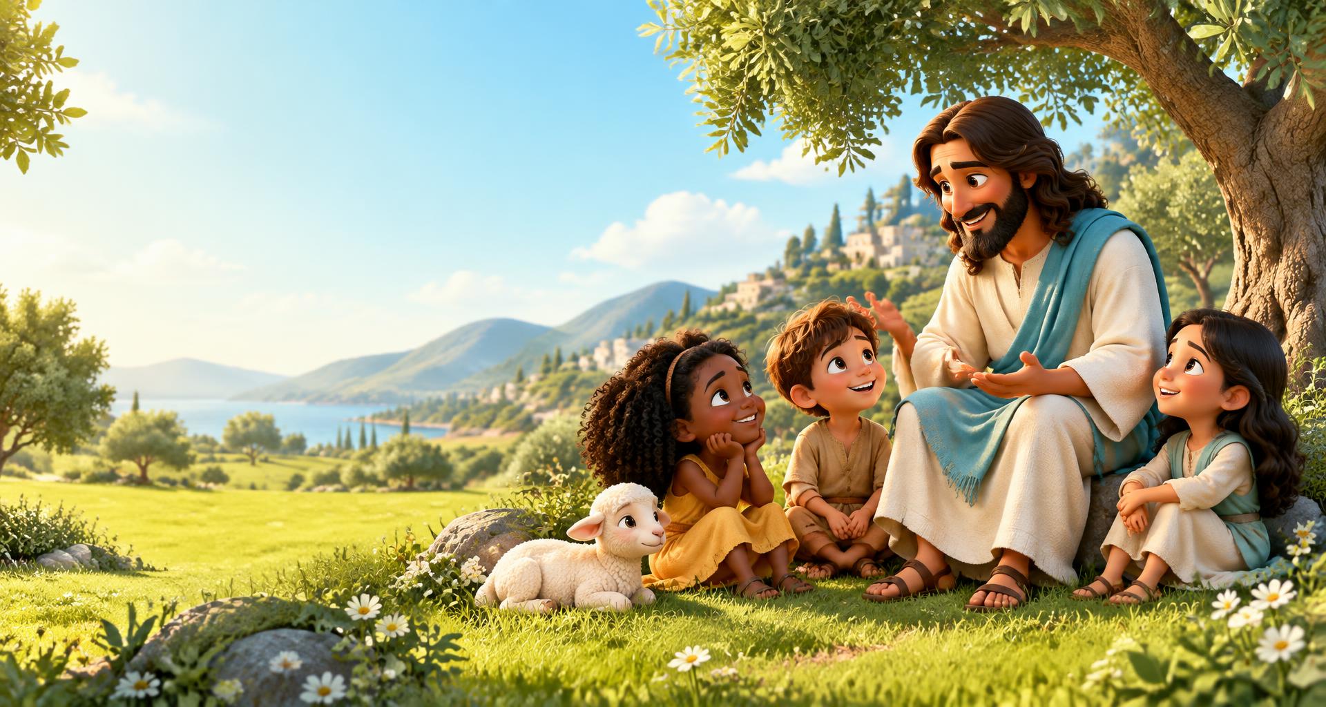 Jesus compartilhando um momento de carinho com três crianças em um jardim